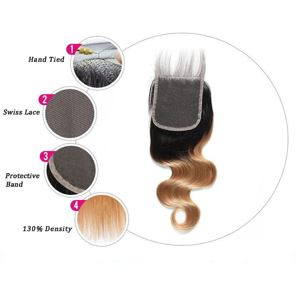 Ombre Lace Closure 4X4 Transparent Lace 14 Inch Free Part With Baby Hair Body Wave Closure For Women Pre Plucked Natural Hairline Peruvian Virgin Hair Real Human Hair Next Day Delivery 1B/27 Closure