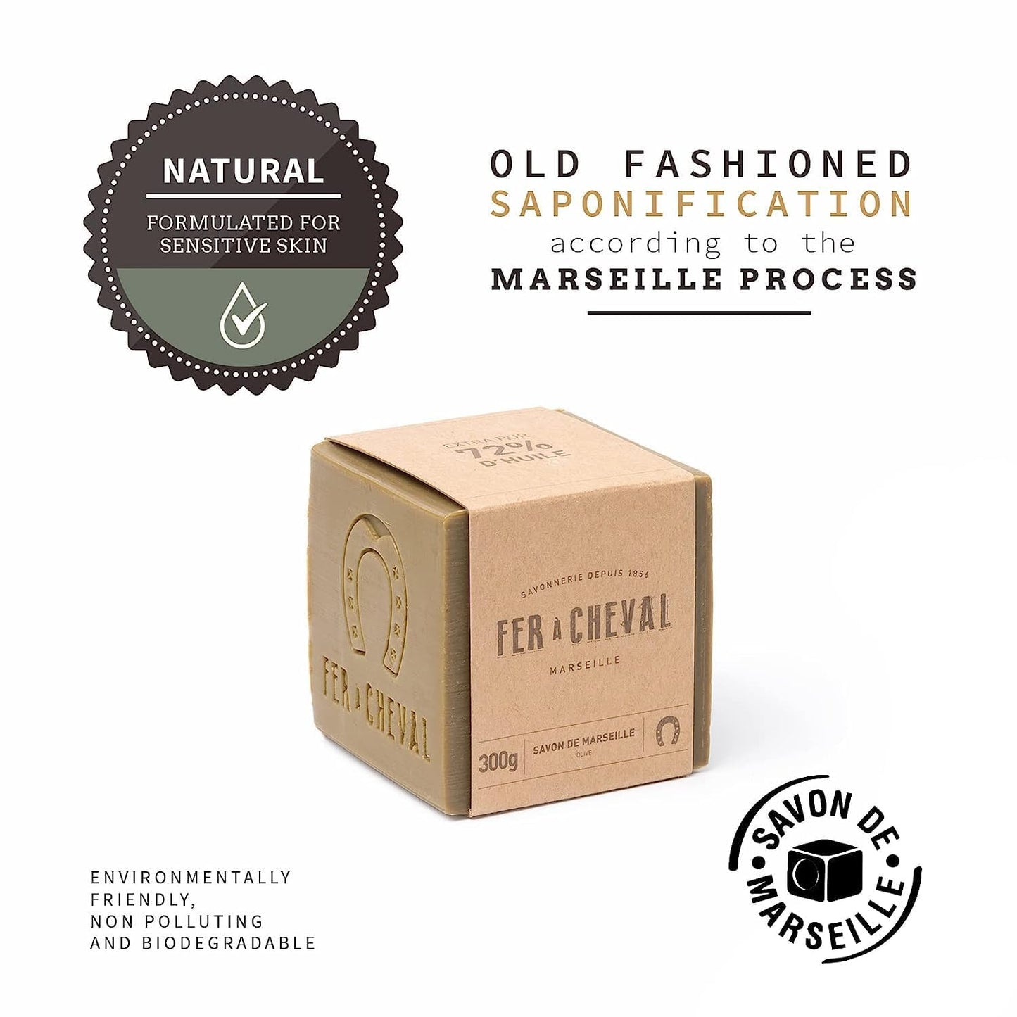 Fer à Cheval Olive Oil Soap Cube - Traditional French Artisan Soap, Palm Oil Free | 300g/10.58oz (2 Pack)