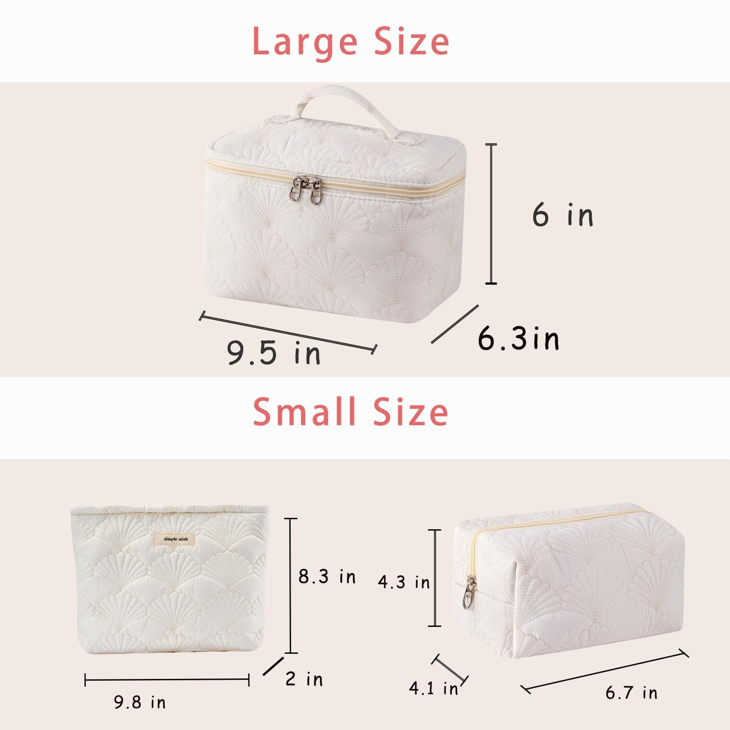 uekeboag 3Pcs White Quilted Cotton Makeup Pouch,Coquette Quilted Toiletry Bag for Women and Girls, Floral Coquette Organizer Bag, Aesthetic Travel Cosmetic Bags(3Pcs White Shell)