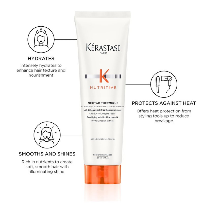 Kerastase Nectar Thermique Heat Protecting Cream - Anti-Frizz, Softness & Shine, Heat Protection, With Niacinamide, For Medium to Thick Dry Hair, 5.1 Fl Oz