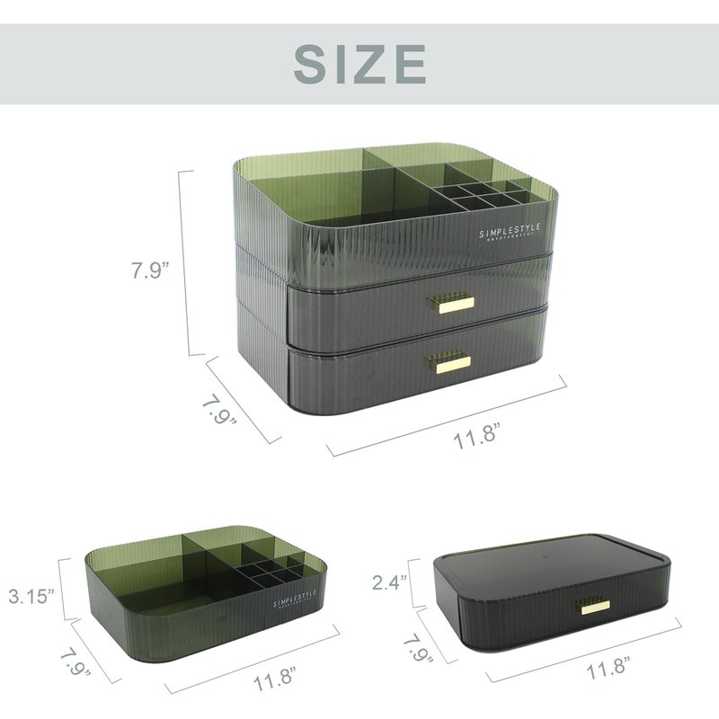 Makeup Organizer with 2 Drawers, Cosmetics Organizer for Bedroom and Bathroom Vanity Countertops, Large Capacity Cosmetic Storage Box for Skincare Cream Perfume Lipstick Dresser Counter-Green