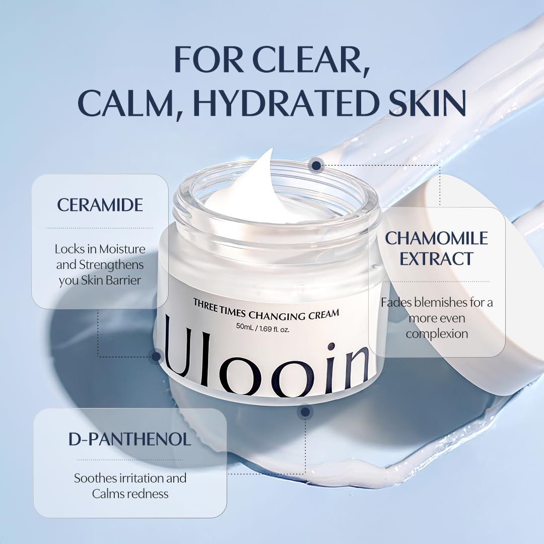 Ulooin Three Times Changing Cream – K-Beauty Moisturizer with Ceramide, D-Panthenol & Chamomile | Soothing, Hydrating, Blemish Care & Skin Barrier Repair for Clear, Balanced Skin