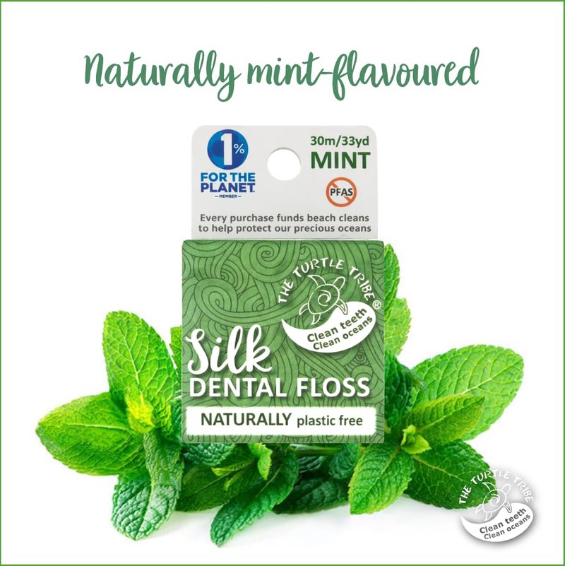 The Turtle Tribe® Natural Dental Floss, 33 Yards, 100% Pure Silk Floss, Plastic Free, PFAS Free, Funding Beach Cleans to Protect Our Precious Oceans, Mint Flavour