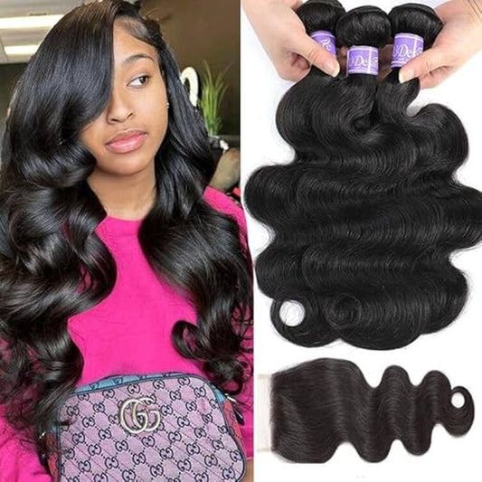 Hair 12A Brazilian Body Wave Bundles with Closure (10 12 14+10,Free Part) 100% Unprocessed Brazilian Virgin Human Hair Body Wave Bundles with Closure Natural Black Color