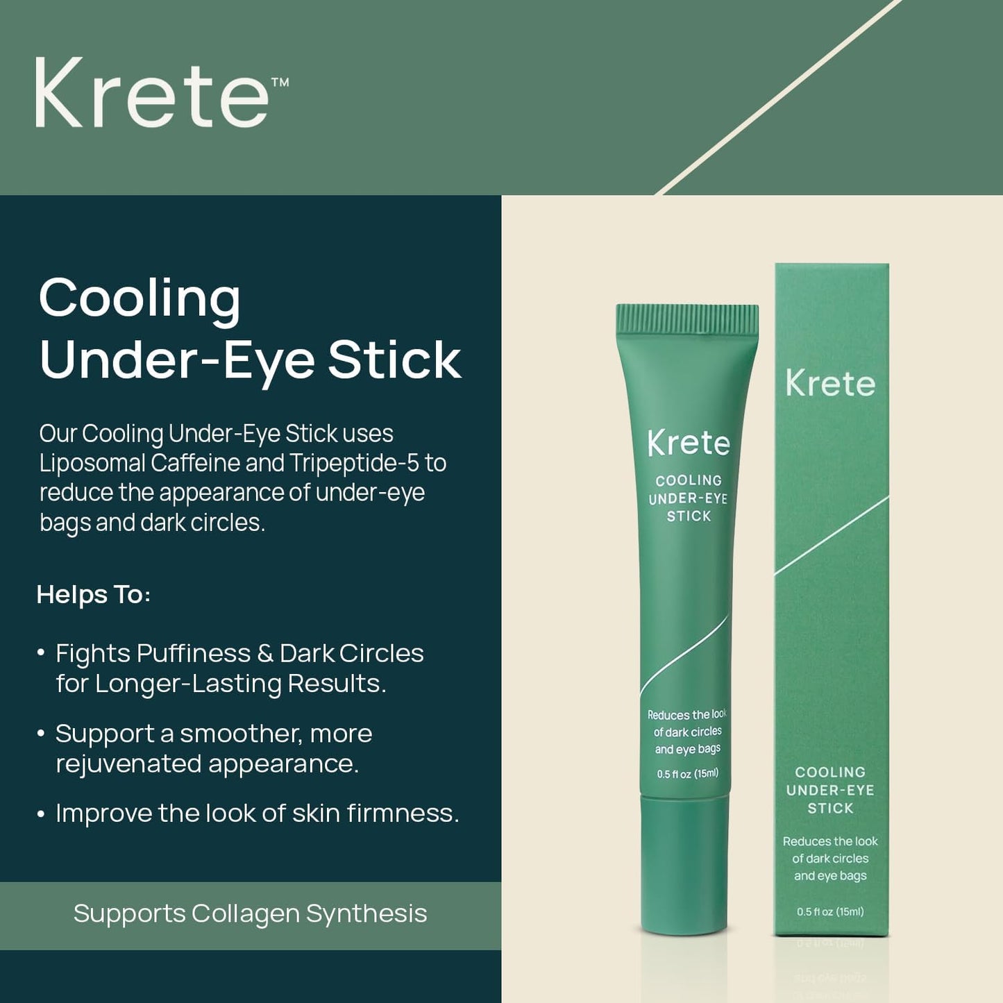 KRETE Cooling Under-Eye Stick | Liposomal Caffeine & Tripeptide-5 Formula for Dark Circles & Puffiness - 15ml