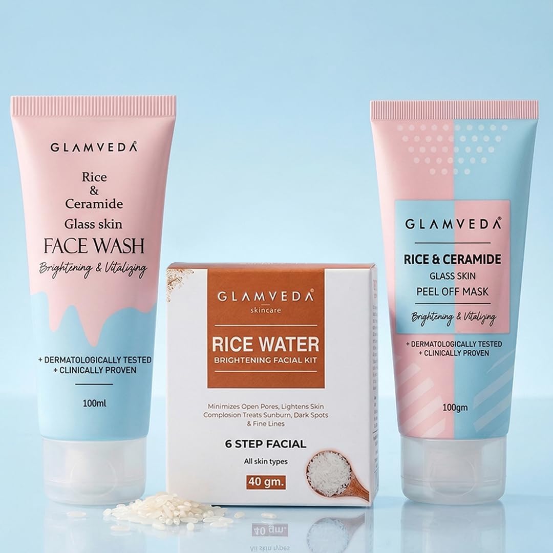Glamveda Korean Rice & Ceramide 3 Step Skincare Routine| Face Wash, Facial Kit & Peel Off Mask | Skin Brightening & Anti Dullness | For Men and Women