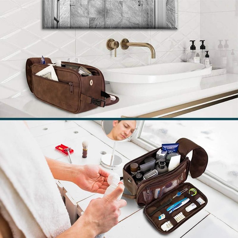 Toiletry Bag for Men - Travel Dopp Kit Organizer | Water-Resistant PU Leather | Dark Brown