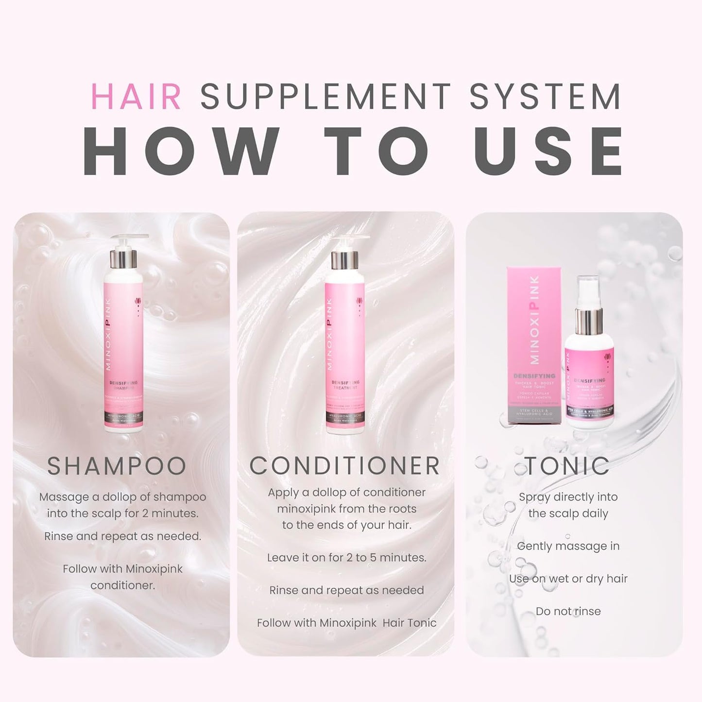 JEMA COSMETICS MINOXIPINK Densifying Hair Shampoo & Conditioner Set, Thickening and Strengthening, with Biotin, Stem Cells & Hyaluronic Acid, Reduces Hair Loss & Stimulates Growth, 10.14 fl oz, 2 Pack
