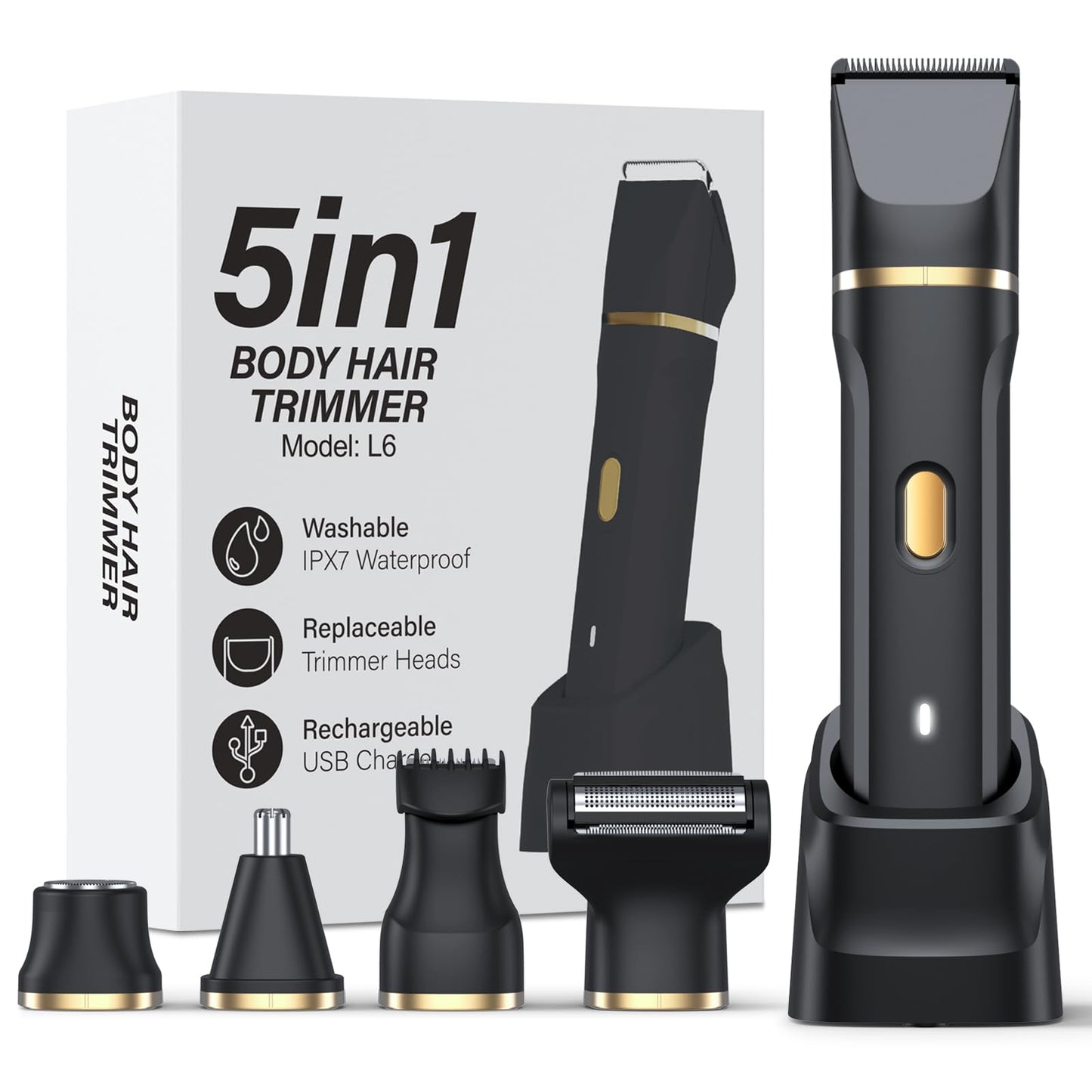 HOHOLE 5-in-1 Bikini Trimmer for Women, IPX7 Waterproof Electric Razors Shaver, Cordless Body Hair Trimmer, Facial & Pubic Hair Removal, Ceramic Blade (Black)