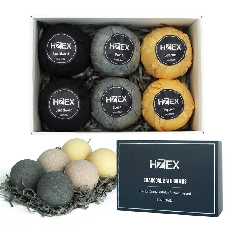 HZEX Charcoal Activated Bath Bombs for Men – Detox with Handmade Organic 6 Pack Bath Bomb Set, up to 3 Scents (Sandalwood, Bergamot, Ocean), Individually Wrapped (Mixed)