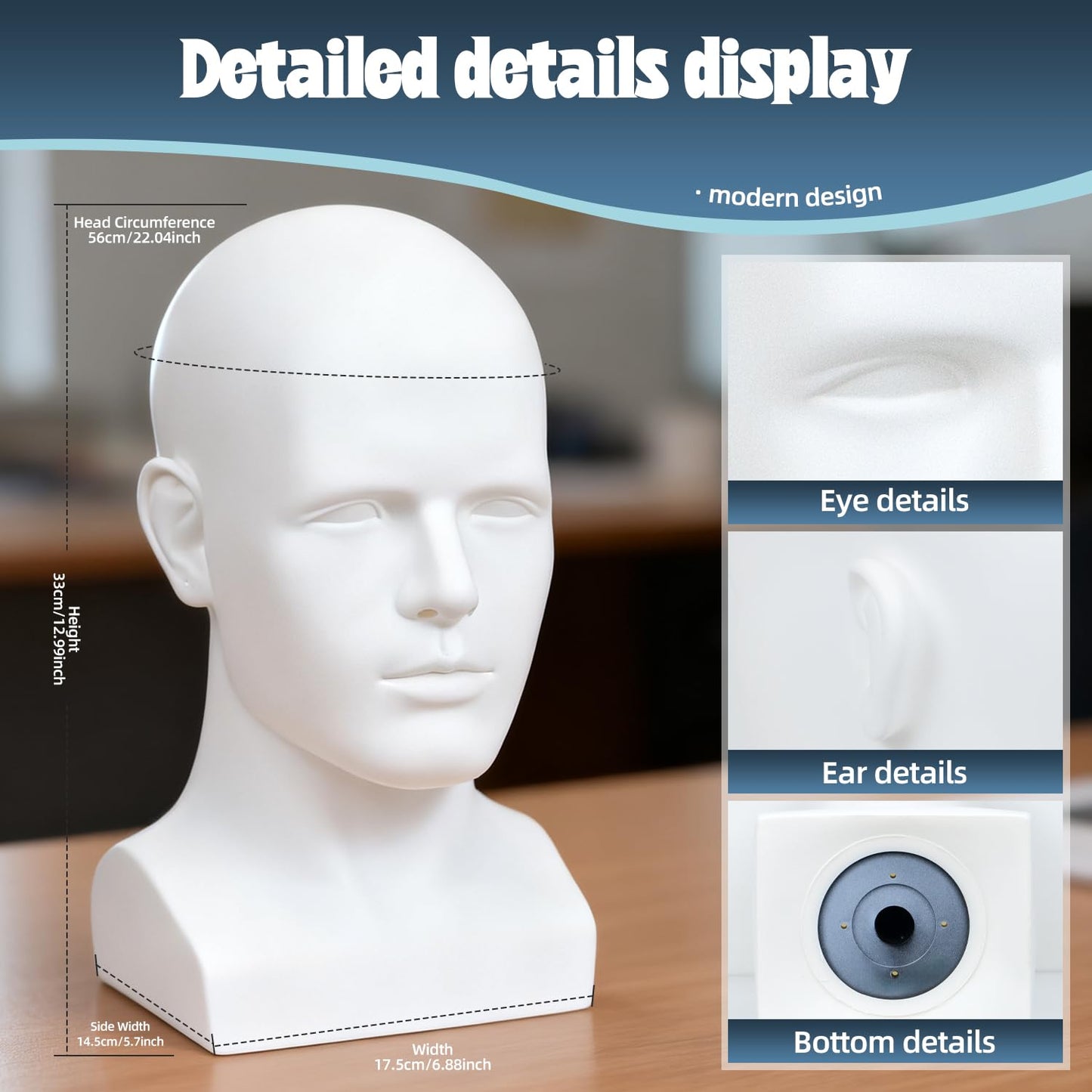Male Mannequin Head, Metallic Gray Male Mannequin Head with Stand Professional Manikin Head, Bald Training Head for Display Wigs (Gray)