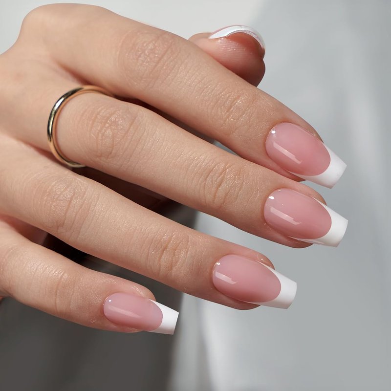 French Tip Press-On Nails - Short Coffin Nail Tips with Gel & Lamp | All-in-One Soft Gel Extension Kit