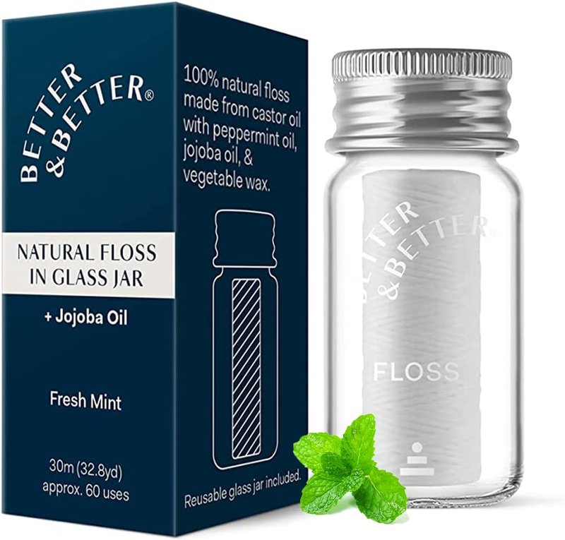 Natural Dental Floss - Refillable Glass Jar | Waxed, Vegan & Eco-Friendly - 100% Plant-Based, 1 Spool
