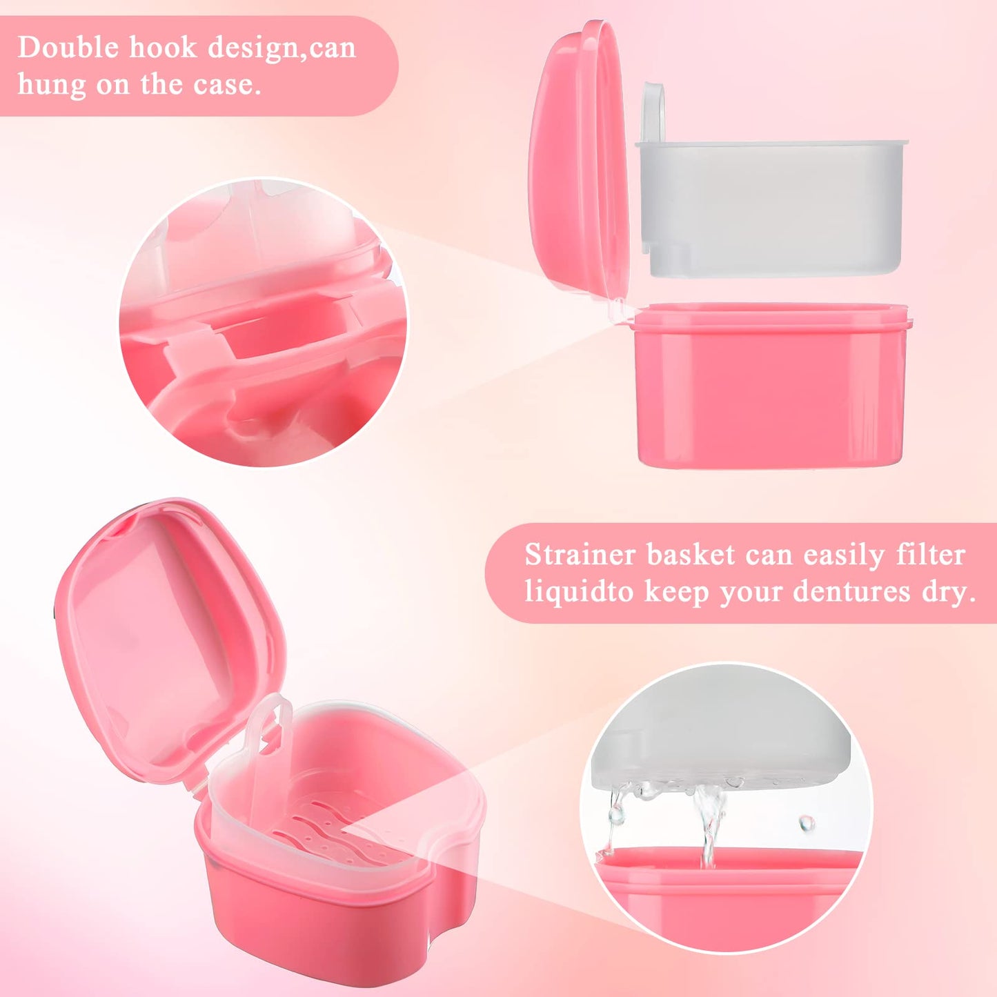 Zubebe 20 Pcs Denture Bath Retainer Case Holder Bulk with Strainer Basket Dental Cup Denture Soaking Container False Teeth Storage Box for Travel Cleaning Mouth Guard, 5 Colors