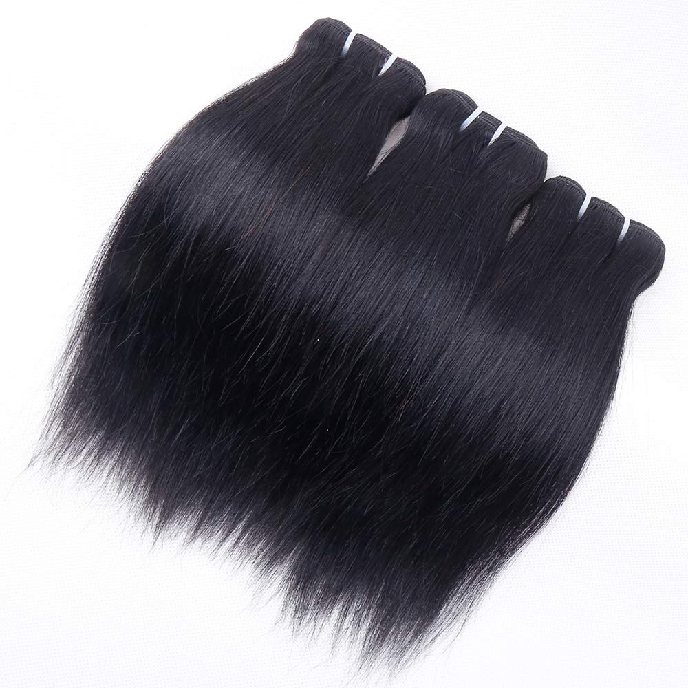 Brazilian Straight Human Hair Bundles with Closure(10 10 10+10) Straight 3 Bundles with Closure 50g 10A Unprocessed Straight Virgin Short Bob Hair Bundle Natural Black Color