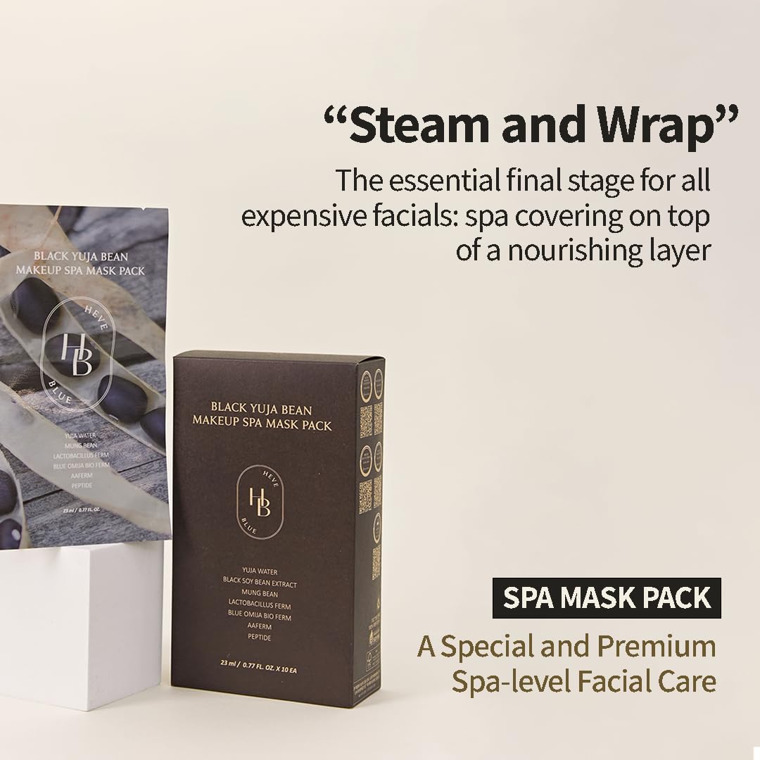 HEVEBLUE Black Yuja Bean Makeup Spa Mask Pack 10ea - 0.8 Fl. Oz of Ampoule Per Sheet, Nourishing, Sensitive Skin, Korean Skincare, Aesthetic, Moisturizing, Vegan, Hypoallergenic, K-Beauty