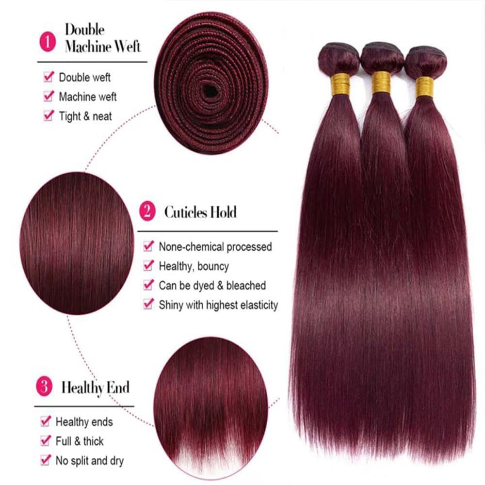 Hiaplame Burgundy Human Hair Bundles #99j Straight Bundles 8 10 12 inch Double Weft Burgundy Straight Human Hair Weave Brazilian Virgin Remy Hair Extensions Soft and Silky for Women