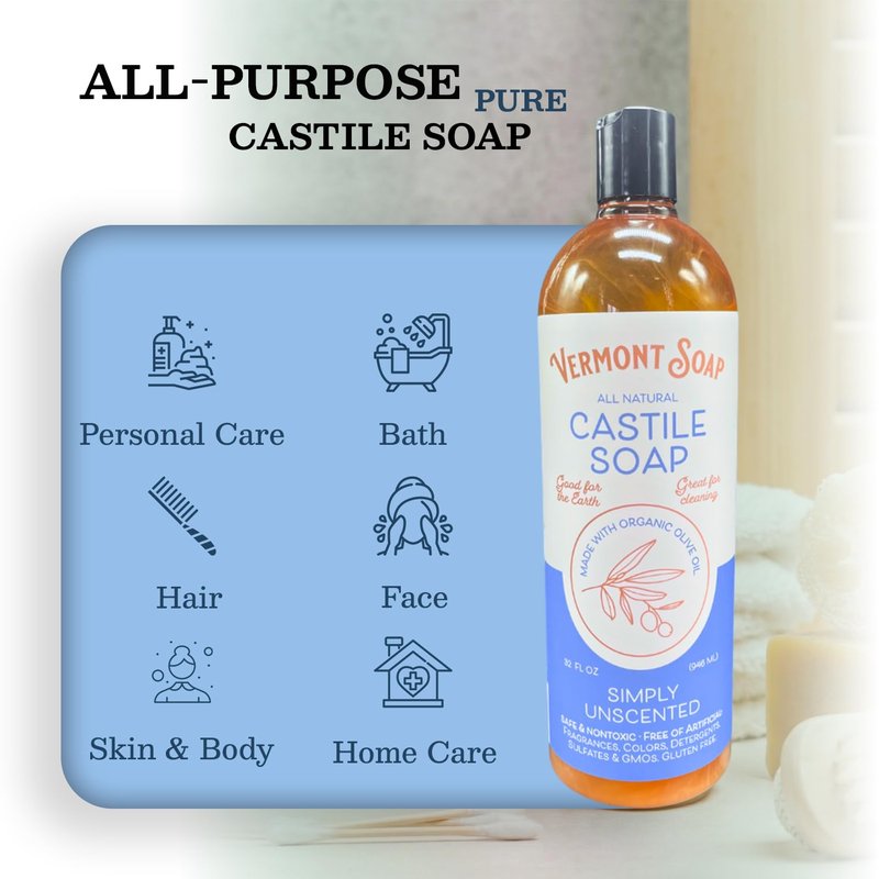 Vermont Castile Unscented Gentle Liquid Soap for Sensitive Skin, Natural Body Wash, Organic Hair Shampoo for Oily Hair, Aloe for Men & Women - 33.8 Oz