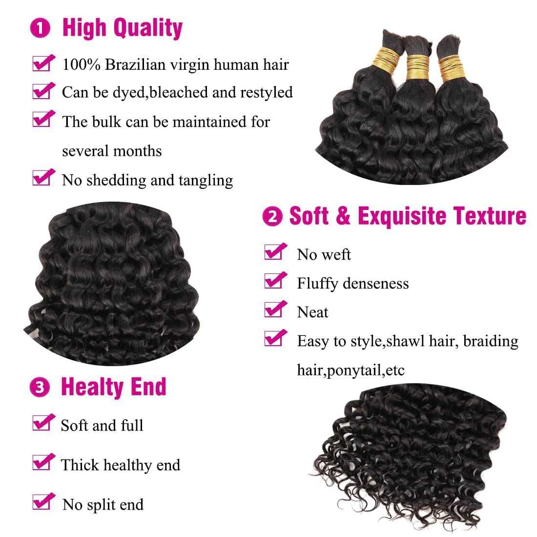 Misoun Human Braiding Hair for Boho Braids 16inch Water Wave Bulk Human Hair Extensions for Braiding Curly Loose Deep Wave Bulk 1 Bundle 100g No Weft Natural Black
