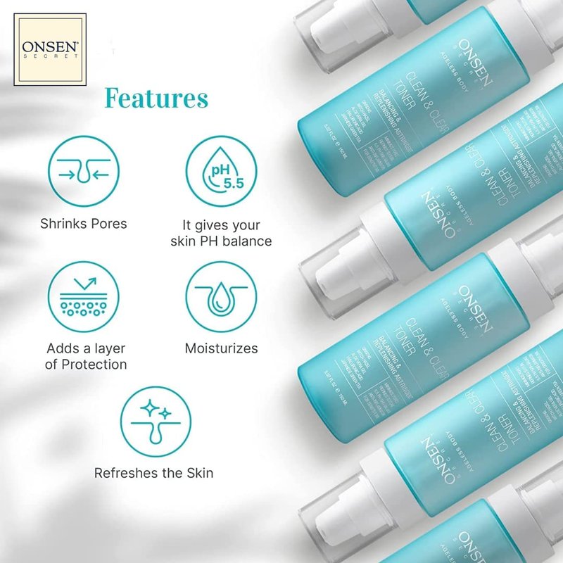 Onsen Secret Clean & Clear Face Toner - Balancing & Replenishing Astringent Daily Perfecting & Revitalizing Toner w/Witch Hazel, Aloe Vera, Green Tea, Alcohol-Free, Skin Care Toner for Face
