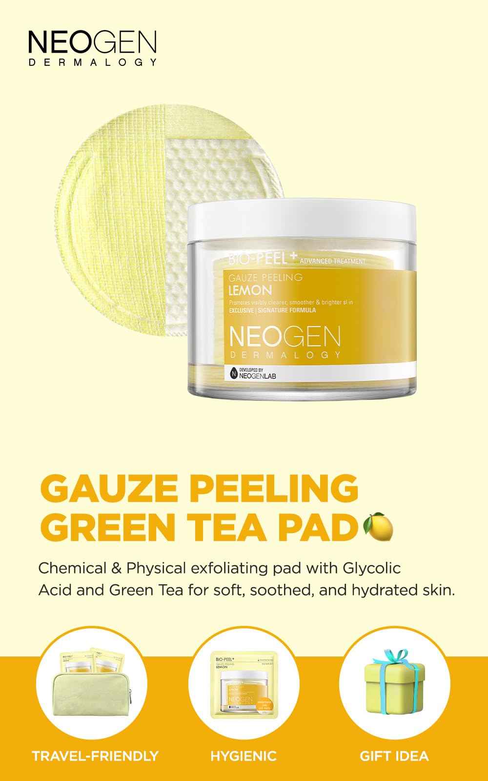 DERMALOGY by NEOGENLAB Bio-Peel Gauze Peeling Lemon - 2-in-1 Physical + AHA Exfoliating Pads with Lemon, Lemongrass & Vitamin C for Smoother, Even-Looking, Glowing Skin, Korean Skin Care 30 Count