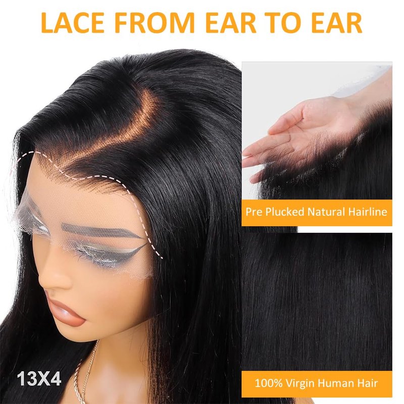 QTHAIR Straight Human Hair Lace Frontal 18A Brazilian Straight Human Hair 13x4 Ear to Ear Frontal 10 in 150% Density Swiss Lace Pre-Plucked Natural Hairline Baby Hair Natural Black #1b