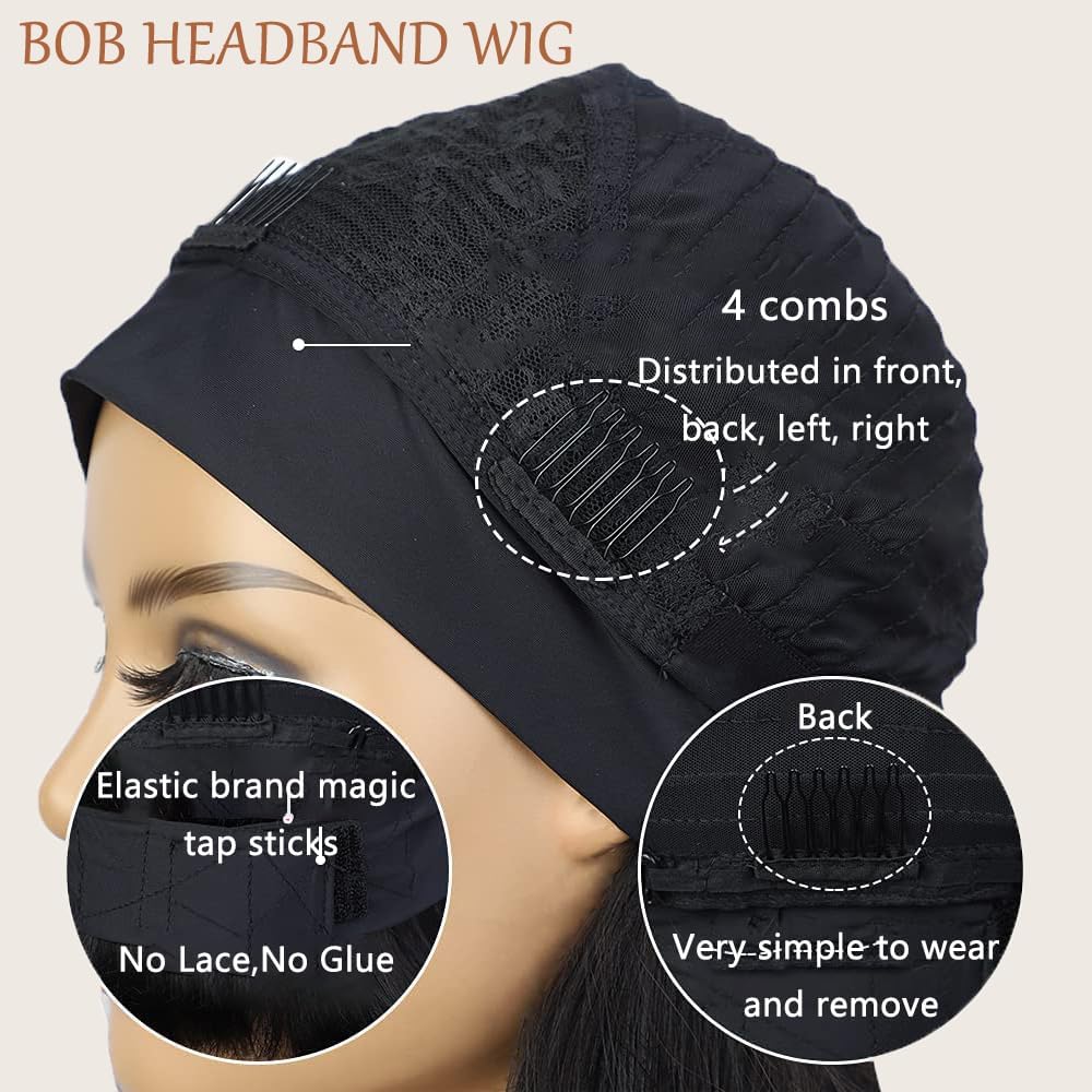 Comfair Headband Wig Human Hair Bob Short Straight Human Hair Headband Wig Wear And Go Glueless Wigs 180% Density None Lace Natural Color Bob Short Human Hair Wigs for Black Women(14 inch)