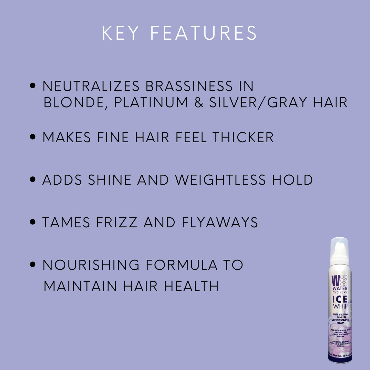 Watercolors Ice Whip Anti-Yellow Leave-In Conditioning Foam Mousse for Blonde, Platinum, Bleached, Silver, Gray, Ash & Brassy Hair - Violet Purple 6.5 oz