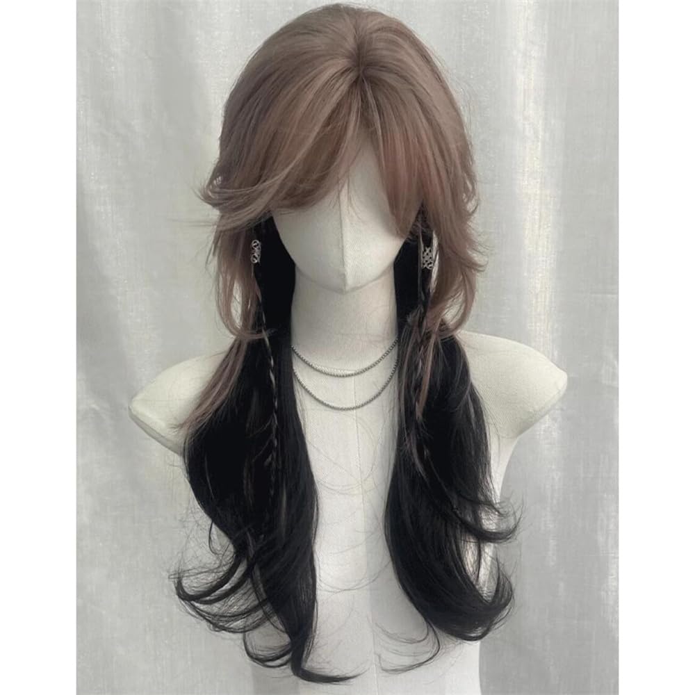VVRPWASSLY Brown and Black Wig with Bangs Jellyfish Head Long Curly Hair High Temperature Silk Wig for Party