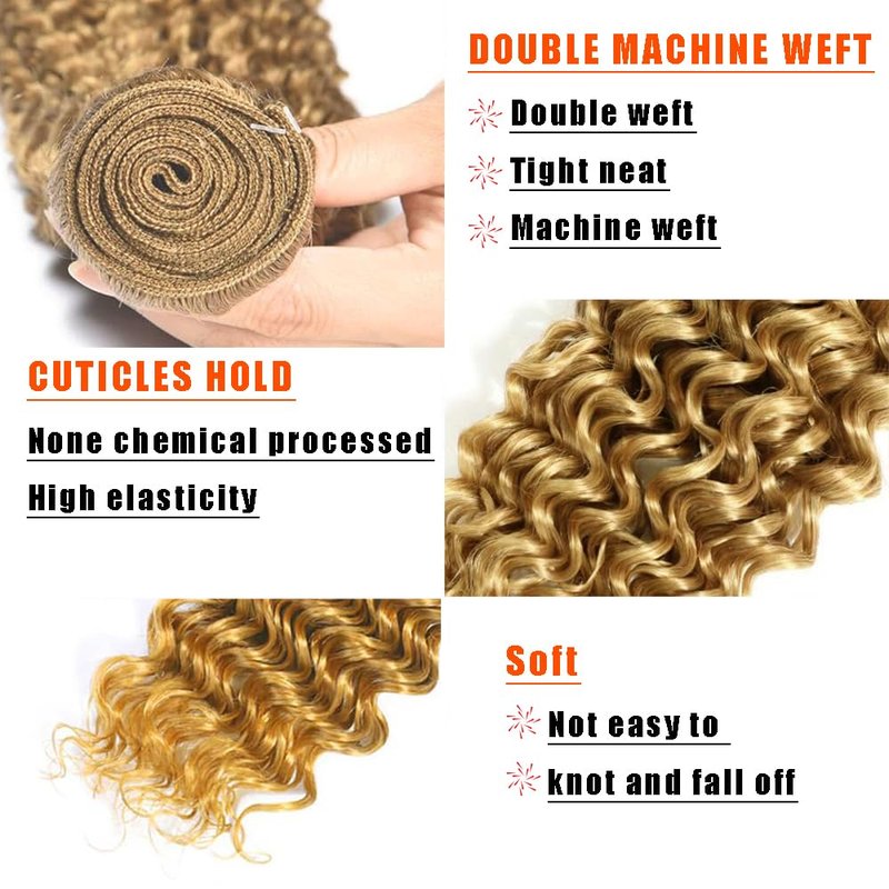Honey Blonde Human Hair Bundles 14 16 18 Inch Deep Wave Bundles Human Hair Unprocessed Native Virgin Hair 100/PC 3 Extensions #27 Blonde Color Wet and Wavy Human Hair Extensions for Women