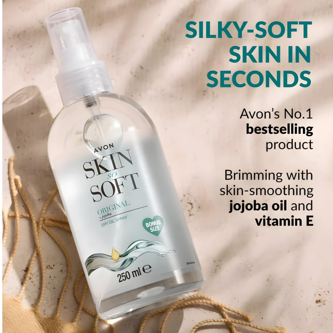 AVON SKIN SO SOFT Original Jojoba Dry Oil Spray 8.45 Fl oz – |Moisturizing Body Oil with Vitamin E | After Shower Body Oil, 250ML (2- PACK)