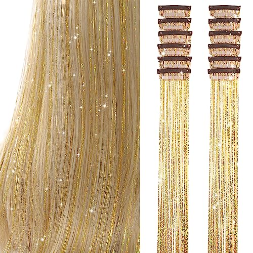 Gold Hair Tinsel Pack of 12 Pcs Clip in Hair Tinsel 20 Inch Glitter Tinsel Hair Extensions, Festival Tinsel Fairy Hair Extension Party Dazzle Hair Accessories Strands Kit (12Pcs,Gold#)