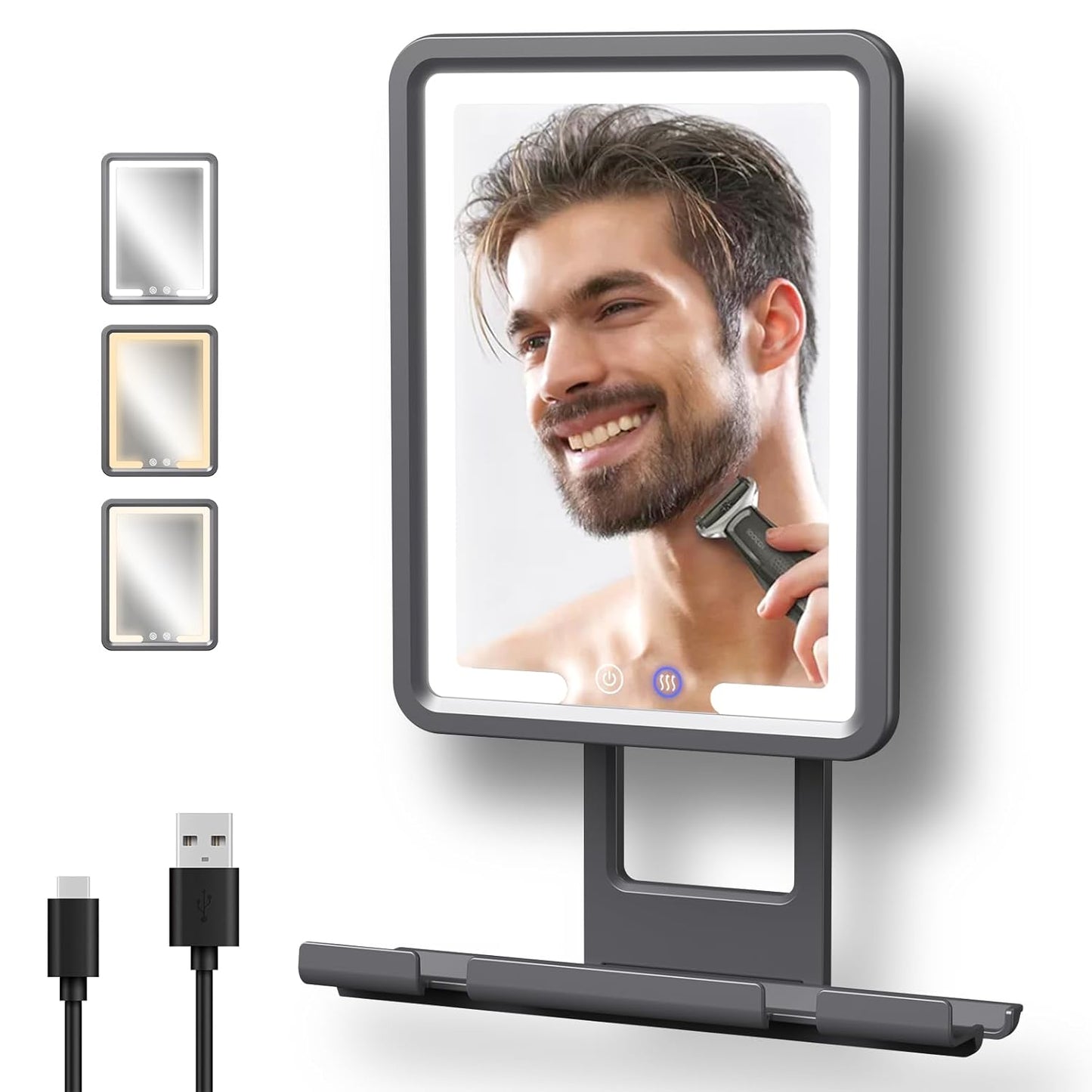 Fogless Shower Mirror for Shaving - Dimmable LED Lighting, Anti-Fog Heating, 360° Rotation | Black with Large Storage Shelf