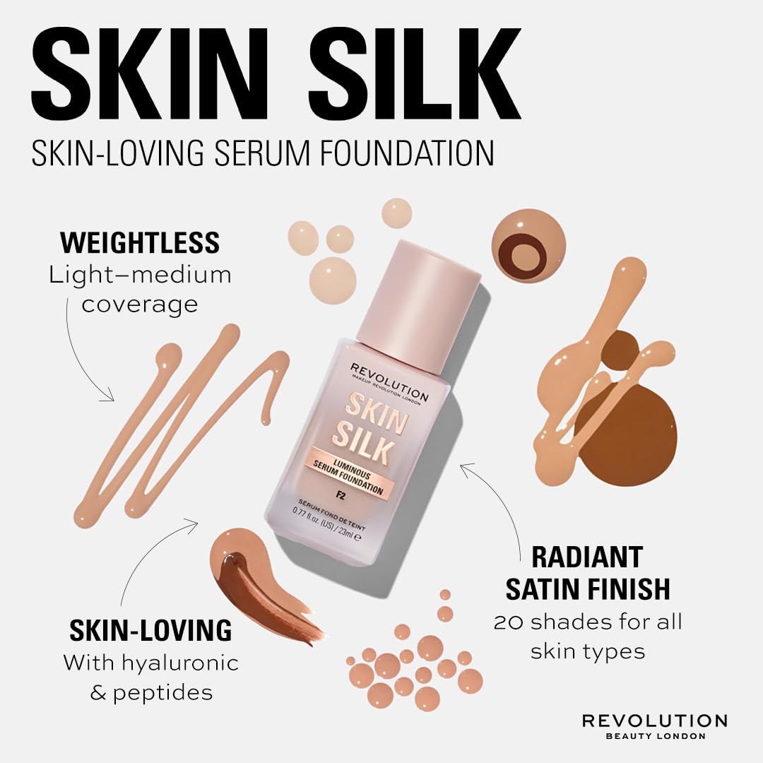 Revolution Skin Silk Radiant Satin Serum Foundation, Buildable Coverage with Hydrating Hyaluronic Acid for a Natural Finish, Vegan & Cruelty-Free, F4C Light Skin Tones, 0.77 fl oz