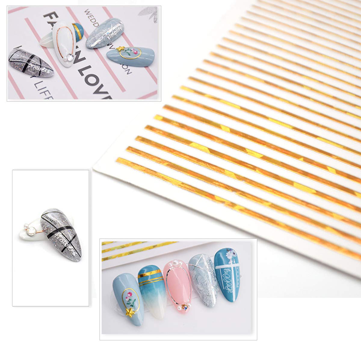 JAKSSO 12 Sheets 3D Metallic Nail Stickers for Women Gold Silver Nail Decals Chains Stripe Lines Adhesive Nail Art Stickers for Acrylic Nails Manicure DIY and Nail Salon
