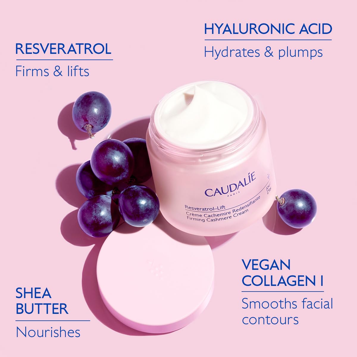 Caudalie Resveratrol-Lift Retinol Alternative Firming Cashmere Cream, Anti-Aging Moisturizer with Resveratrol, Hyaluronic Acid & Vegan Collagen, Refillable Jar - 50 mL