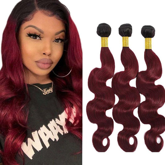 Ombre Human Hair Bundles Burgundy Body Wave Bundles Human Hair Red Bundle 12 14 16 Inch Soft And Healthy Brazilian Virgin Remy Hair Extensions Double Weft 3Pcs/Set Deals