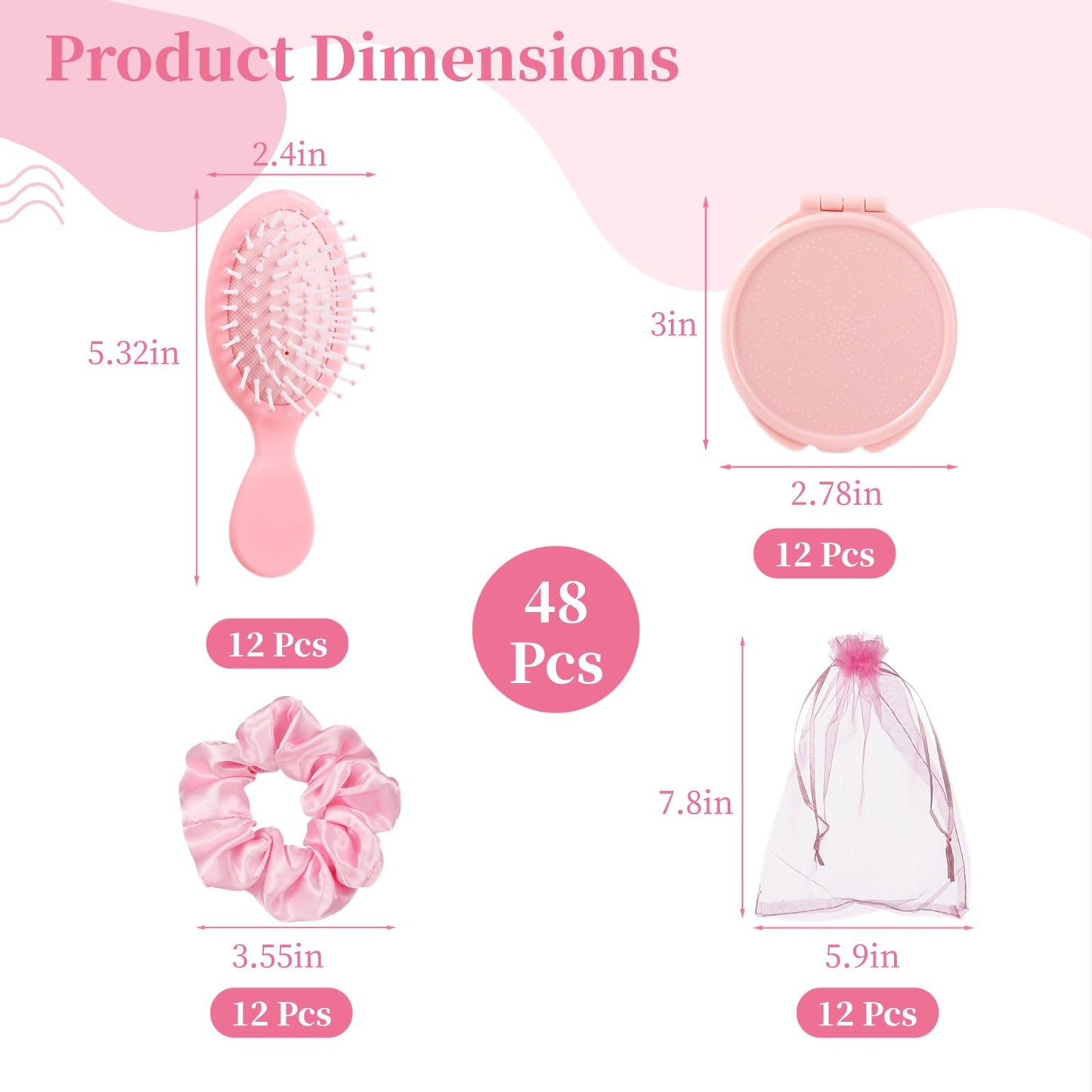 Tideme 48 Pcs Pink Party Favors, Pink Makeup Party Supplies, Including Hair Brushes, Elastic Scrunchies, Pocket Cosmetic Mirrors, and Organza Bags, Makeup Brush Accessories (48PCS)