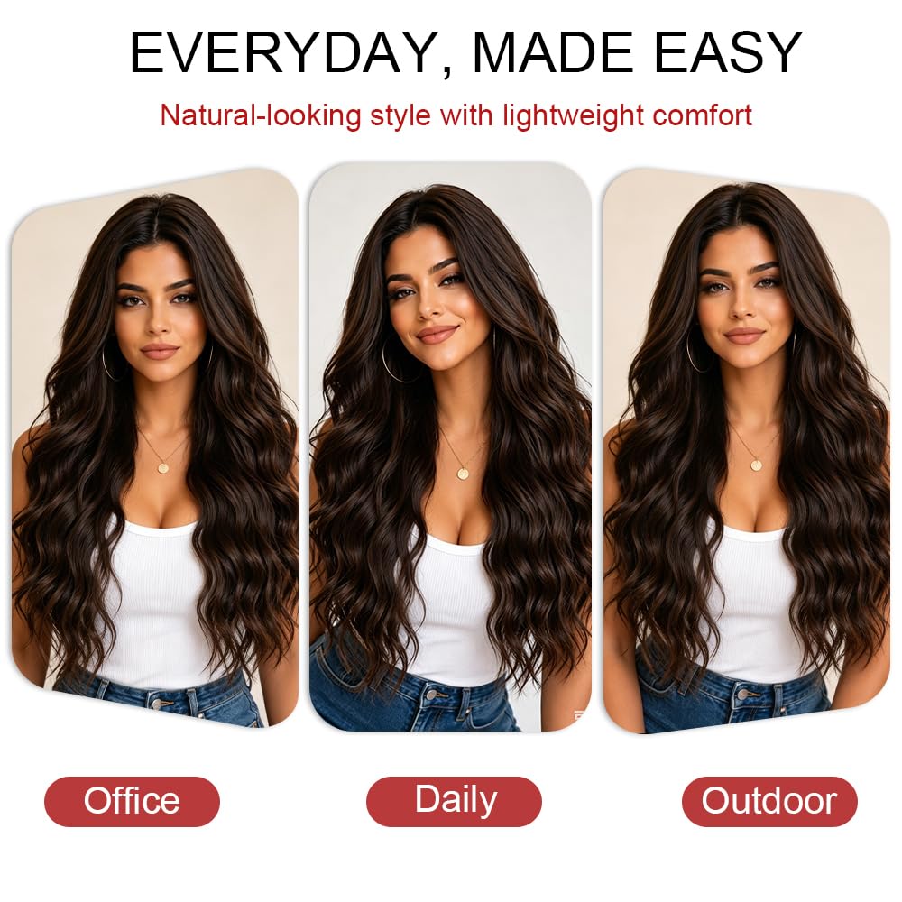 Long Brown Wig for Women Natural Looking Wavy Curly Synthetic Hair Wig Tangle Free Heat Resistant Comfortable for Daily Wear