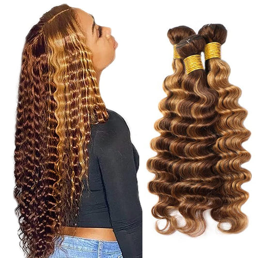 P427 Honey Blonde Bundles Human Hair Deep Wave Bundles 26 28 30 Inch Human Hair Weave Blonde 3 Bundle Unprocessed Brazilian Virgin Hair Brown Deep Wave Human Hair Extensions 50 Grams/Bundle