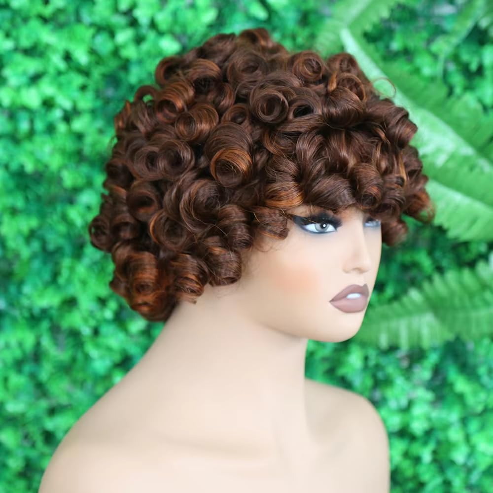 IMAYLI Fringe Bouncy Human Hair Wigs For Black Women Afro Rose Curly Funmi Glueless Wigs with Bangs Short Bouncy Curly Bob Wig With Bang 8Inch 180% Density P4/30