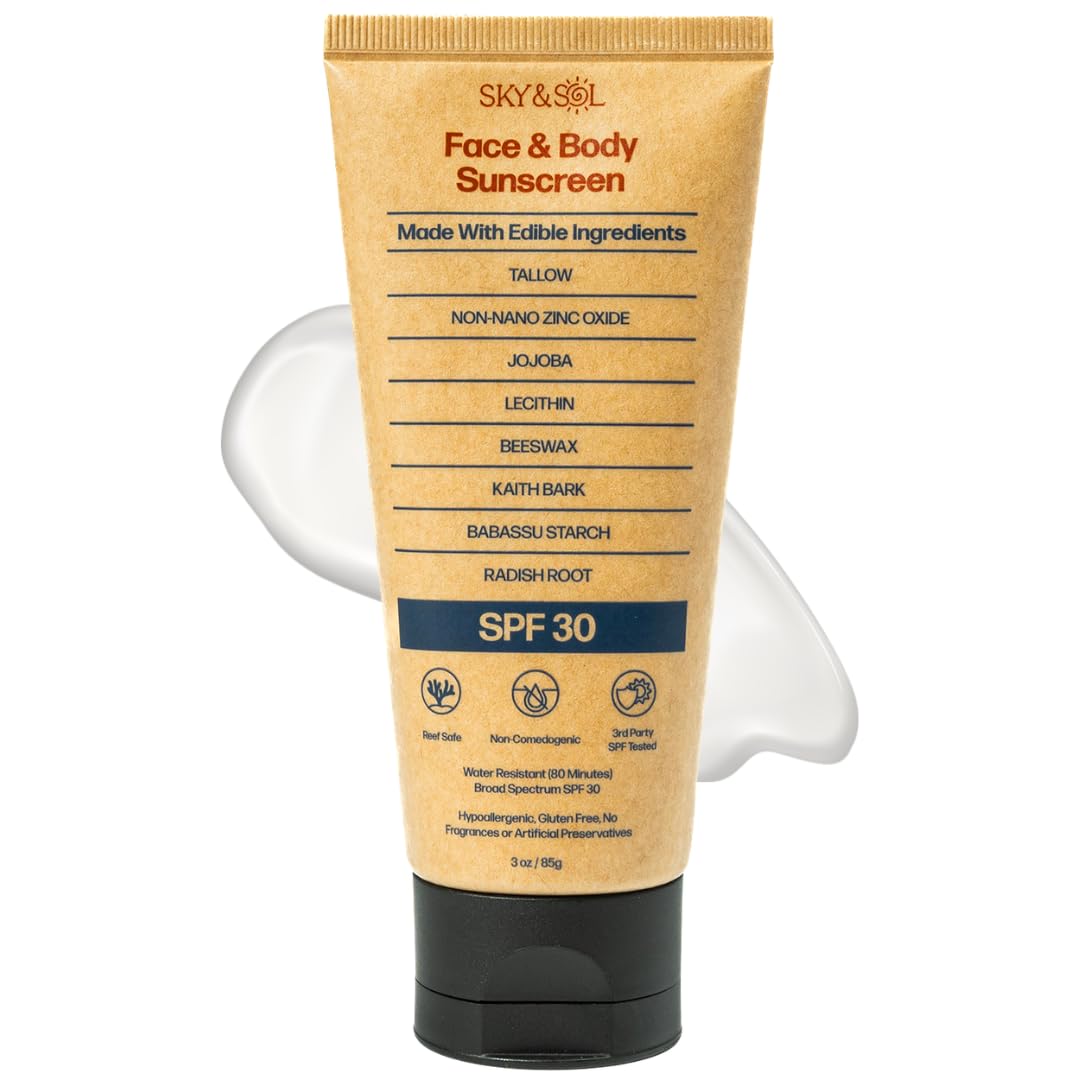 Sky and Sol Natural Mineral Sunscreen SPF 30 - Reef Safe, Water Resistant, Fragrance-Free | 3 oz