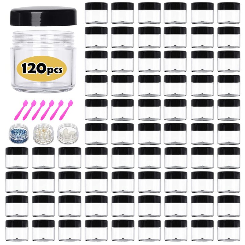 20 ml Containers Bulk 0.7 oz Round Pot Jars 120PCS Sample Containers Lip Scrub Containers Mini Plastic Cosmetic Containers with Lid for Lip Scrub, Body Butters, Cream, Slime, Craft Storage