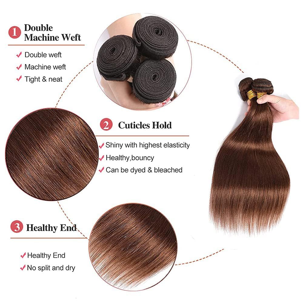 Color 4 Straight Bundles Human Hair Dark Brown Bundles Double Weft Brazilian Virgin Chocolate Brown Straight Remy Hair Extensions Silky and Soft for Black Women (12 12 12 inch 3 Bundles)