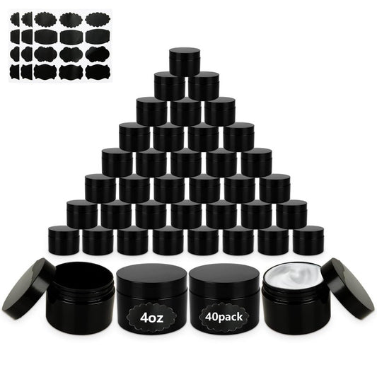 Acrux7 40 Pack 4 oz Black Plastic Jars, Small Round Cosmetic Cream Jars with Lids & Labels, Refillable Plastic Cream Container 120 ml Leak Proof Travel Jars for Creams, Lotion, Body Butter, Body Scrub