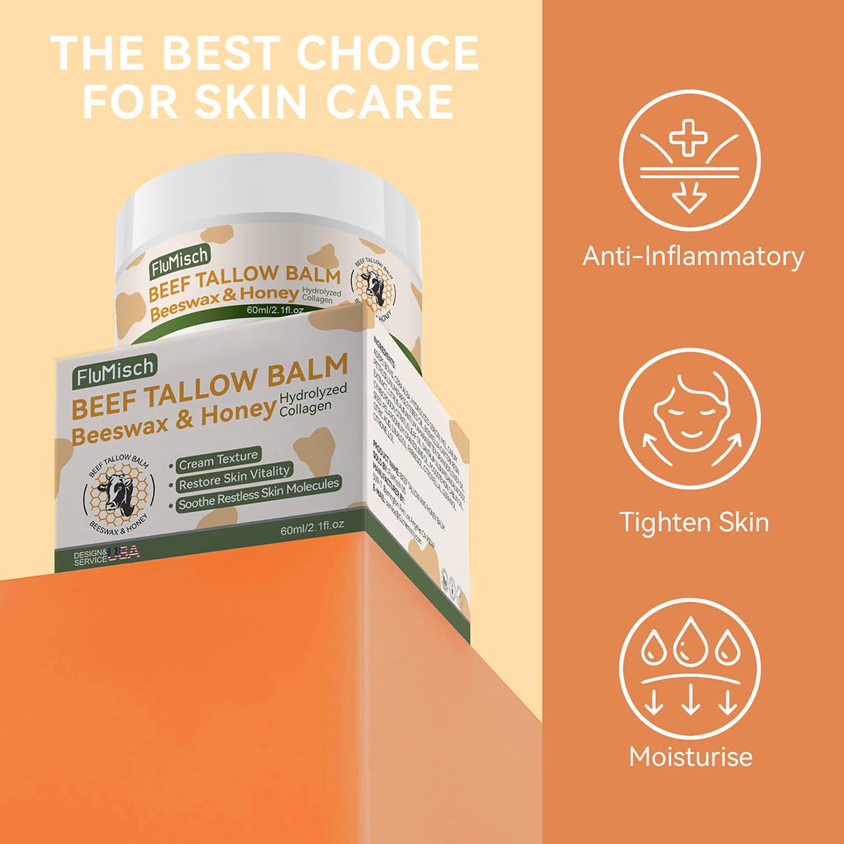 FluMisch Beef Tallow Moisturizer for Skin, Grass Fed Beef Tallow for Face and Bady with Organic Raw Honey and Beeswax, Tallow and Honey Balm for Deep Nourishment Dry Skin (60ml/2.1fl.oz)