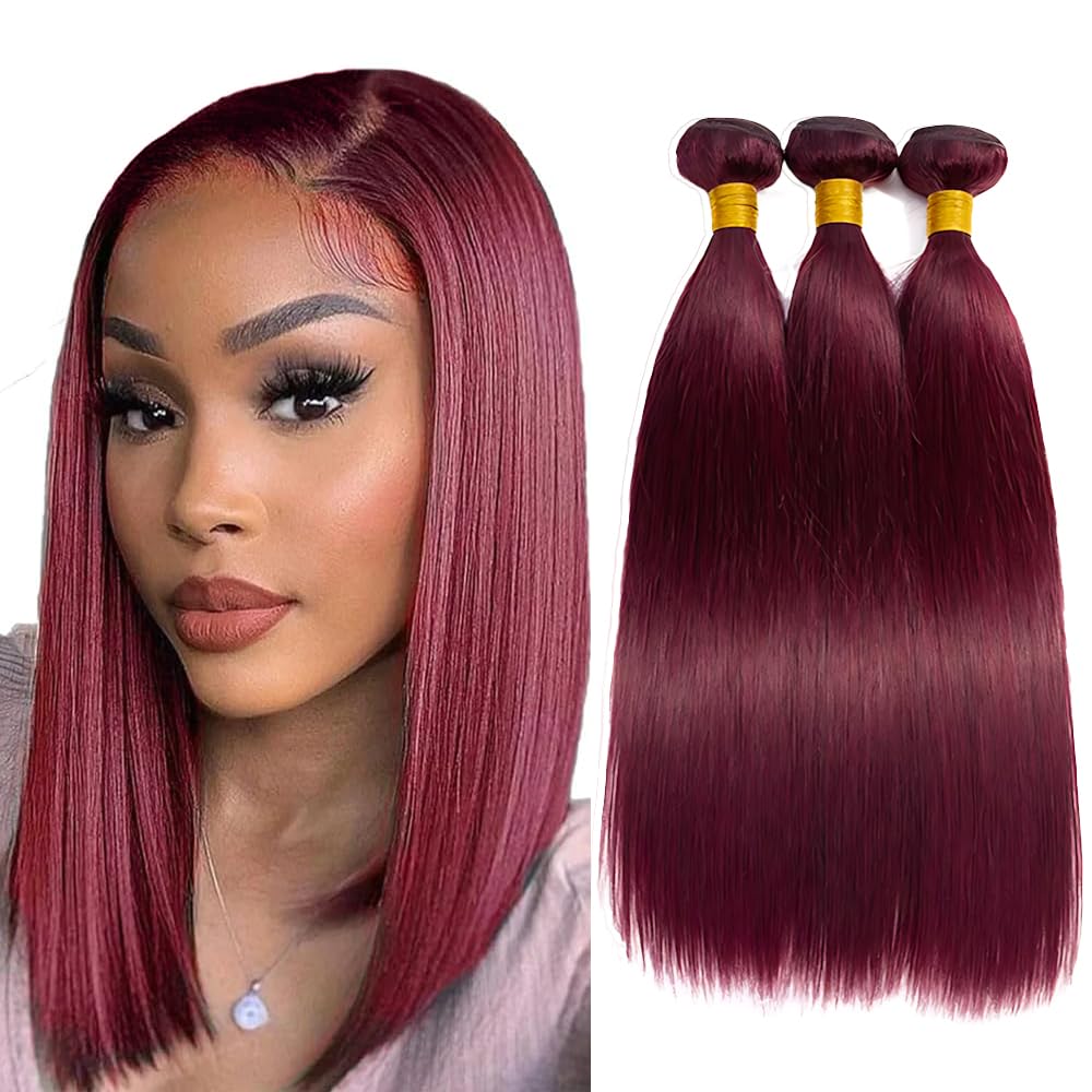 Hiaplame Burgundy Human Hair Bundles #99j Straight Bundles 8 10 12 inch Double Weft Burgundy Straight Human Hair Weave Brazilian Virgin Remy Hair Extensions Soft and Silky for Women