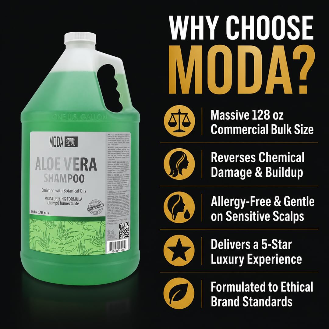 MODA Shampoo - Moisturizing Shampoo for All Hair Types - 128Oz, Professional - Deeply Cleanses and Conditions, Strengthens, Restores and Shine your Hair (Aloe Vera)