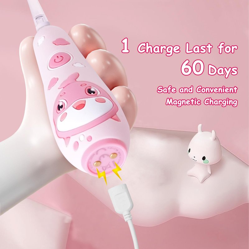 teeteck Electric Toothbrush for Kids - Toddler Electric Toothbrush with Magnetic Charging, Includes 2 Brush Heads, Magnetic USB Charging Cable for Ages 1-6 Boys Girls (Pink)
