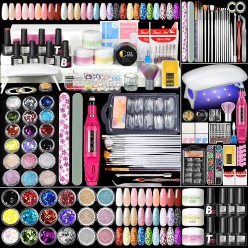 Acrylic Nail Kit for Beginners with Everything 3pc Professional Acrylics Powder 6pcs Gel Nail Polish 18pcs Glitter Decoration Powder Nails Kit Acrylic Set with Tips Nail Light and Drill DIY Gifts